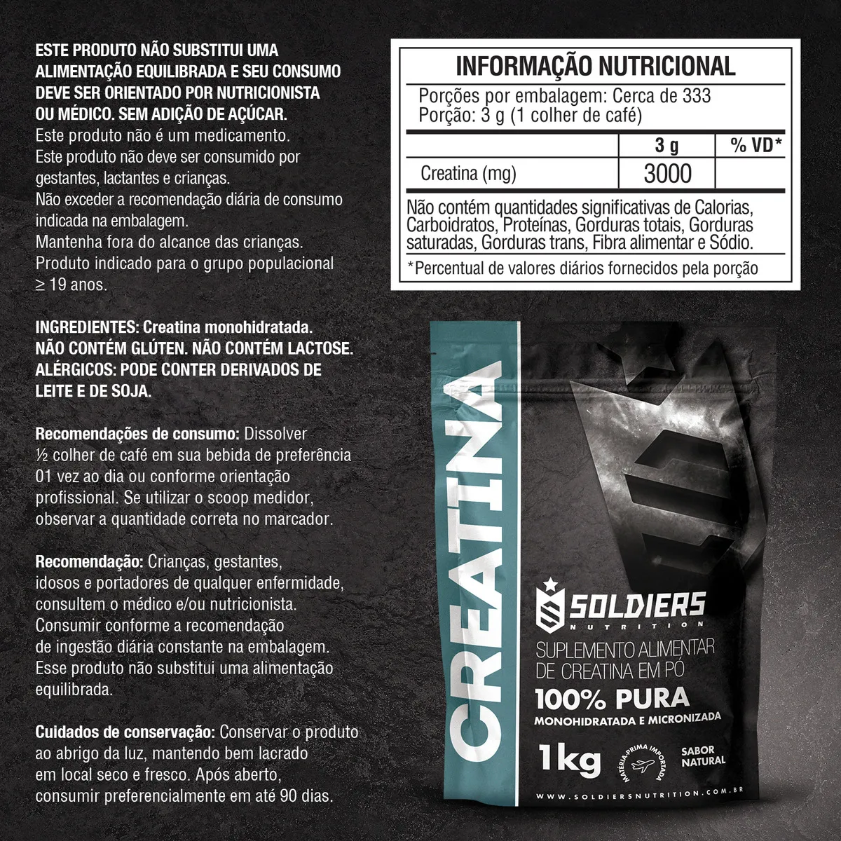 Creatina Monohidratada 1kg Soldiers Nutrition 100% Pura Importada Alta Performance Músculo Treino - Vista 7