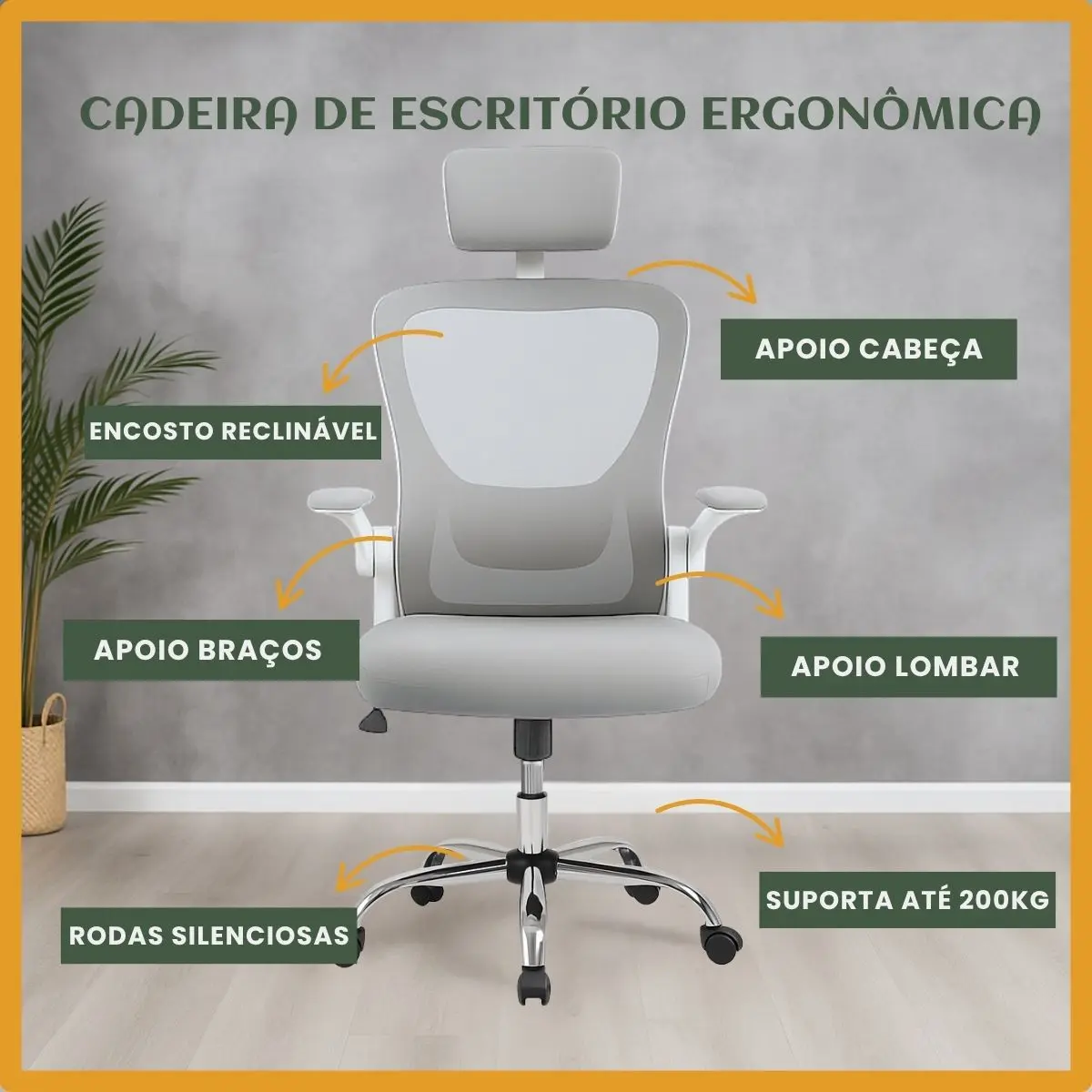 Infográfico da cadeira ergonômica Boston G100 destacando apoio de cabeça, encosto reclinável, apoio de braços, suporte lombar e capacidade de carga