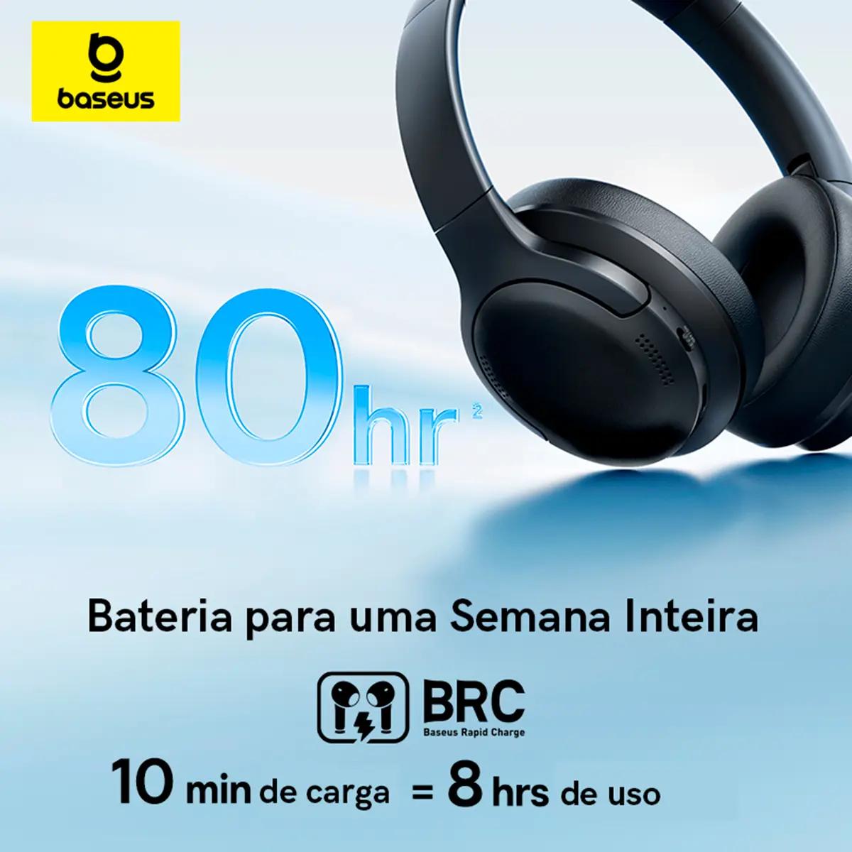 Headphone Baseus Bass BH1 Lite preto em fundo azul claro, com logo Baseus e destaque para a 'Bateria para uma Semana Inteira' de 80 horas, com recarga rápida de '10 min de carga = 8 hrs de uso'.
