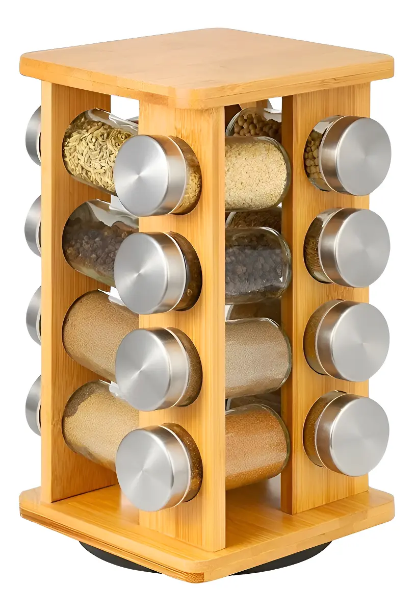 Porta Temperos Condimentos Giratório 16 Potes Vidro Suporte Bambu 360 Graus Organizador Cozinha Luxo Premium Moderno Praticidade Decoração Casa Especiarias Kit Completo Elegante Qualidade Palada Shop