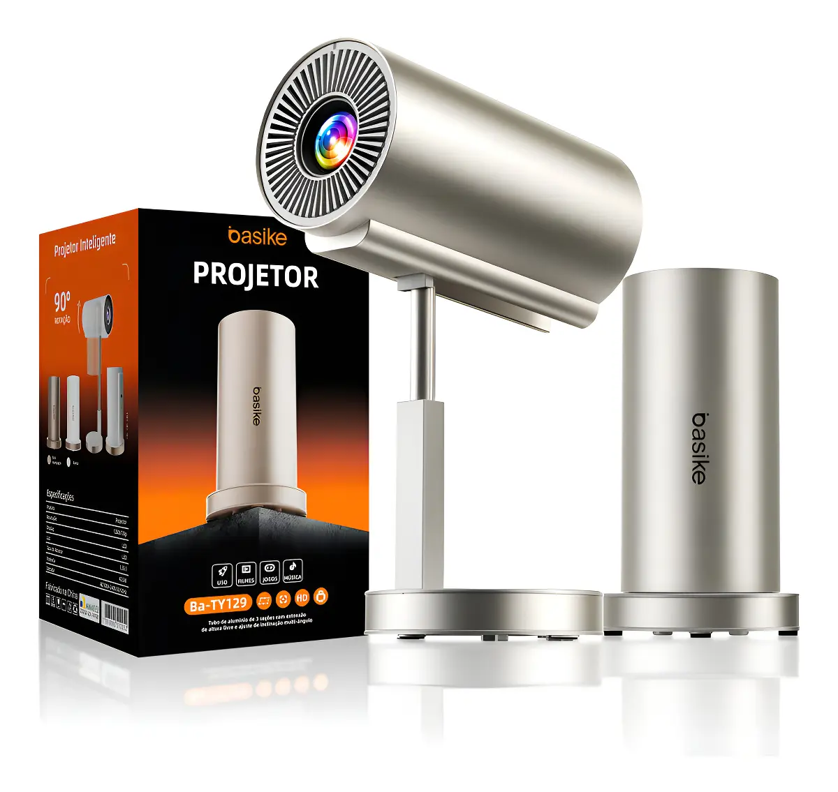 Projetor Basike Inteligente Telescópico — Wi-Fi, Bluetooth, Full HD 4K