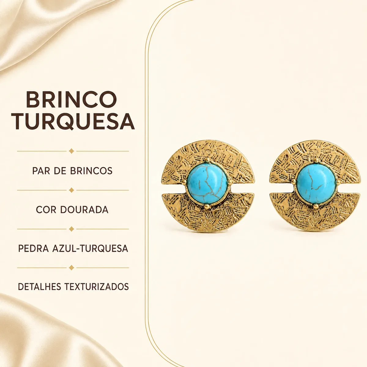 Brinco Feminino Dourado Geométrico Pedra Azul Turquesa — foto 8