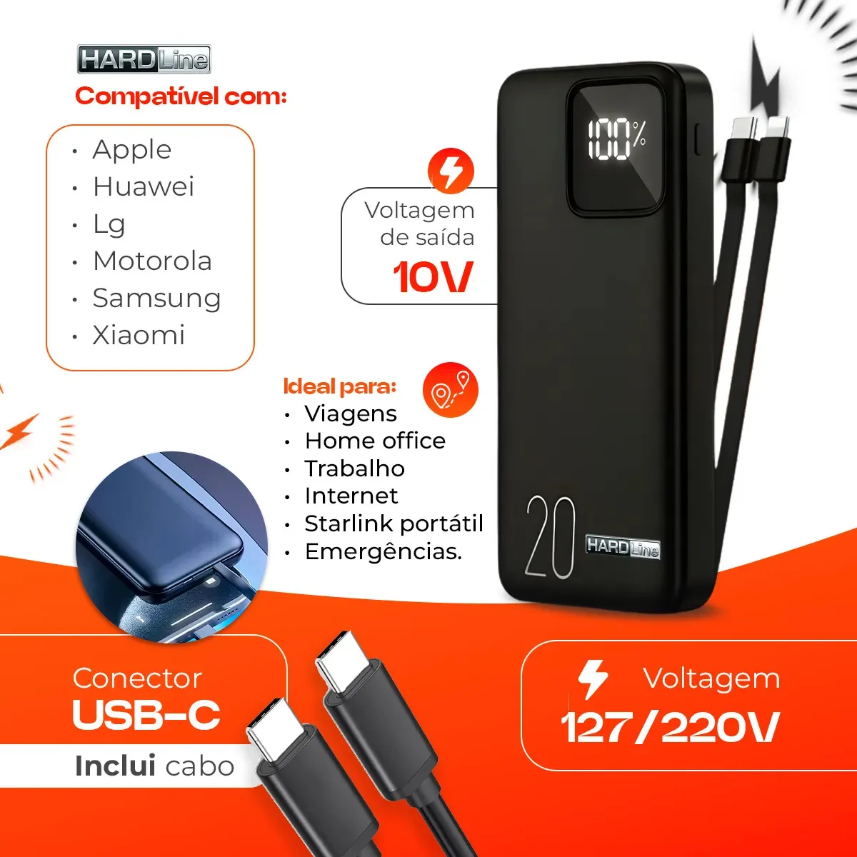Carregador Portátil Power Bank 20000mah 22.5w Turbo Usb-c Display Digital Carregamento Rápido Universal Compativel iPhone Samsung Motorola Xiaomi 3 Saídas Preto Ou Branco - Marca Hardline Preto/branco