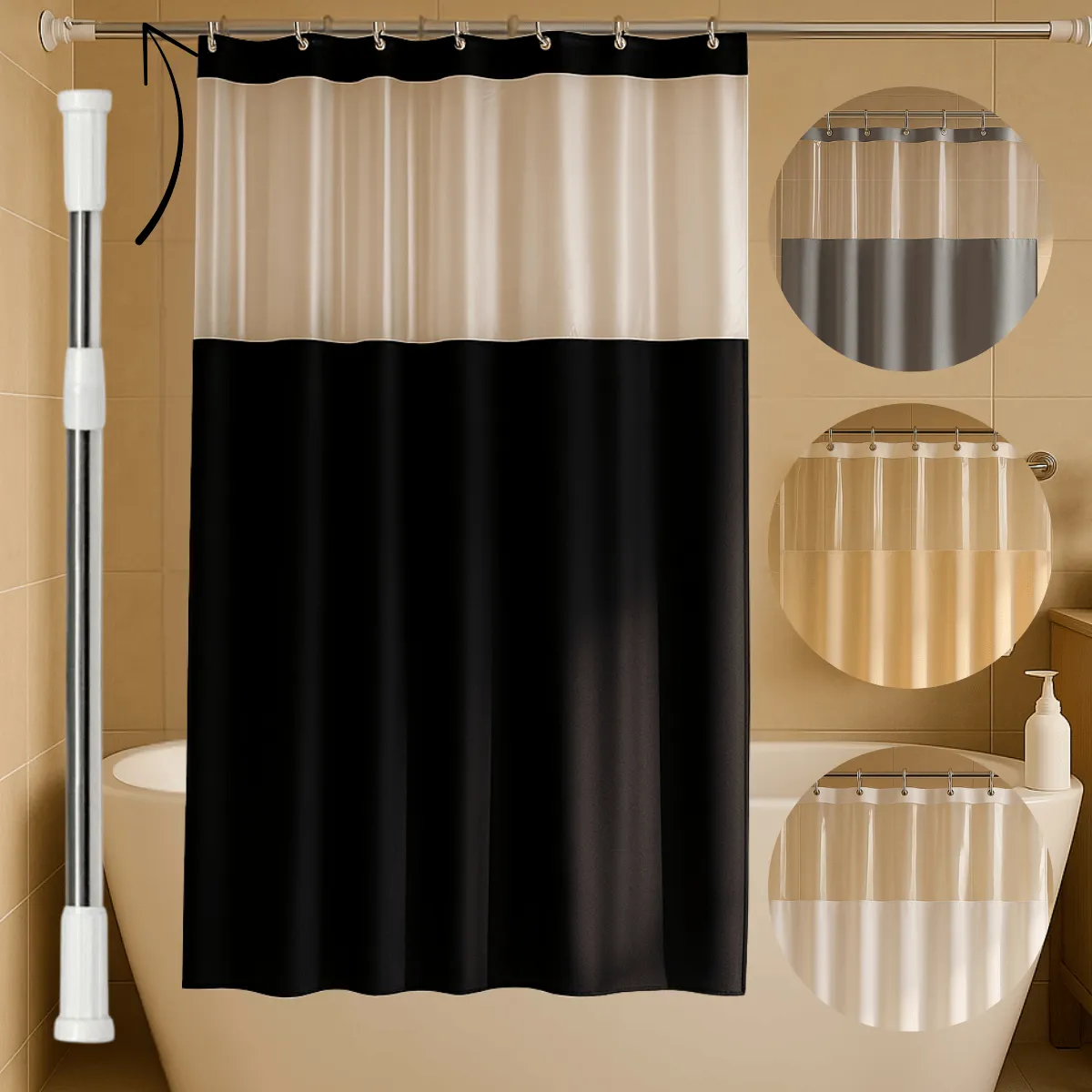 Cortina Box Banheiro Antimofo + Varão Extensível 1,10 A 2m