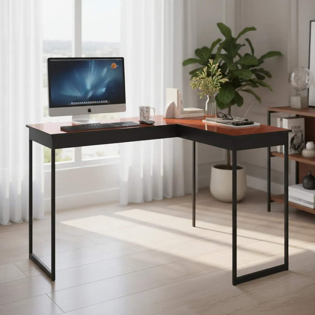 Mesa Escrivaninha em L de Canto Preto com Terracota Cobre Estilo Industrial Vintage para Estudo e Escritório Modelo Pier Sofa Sogude