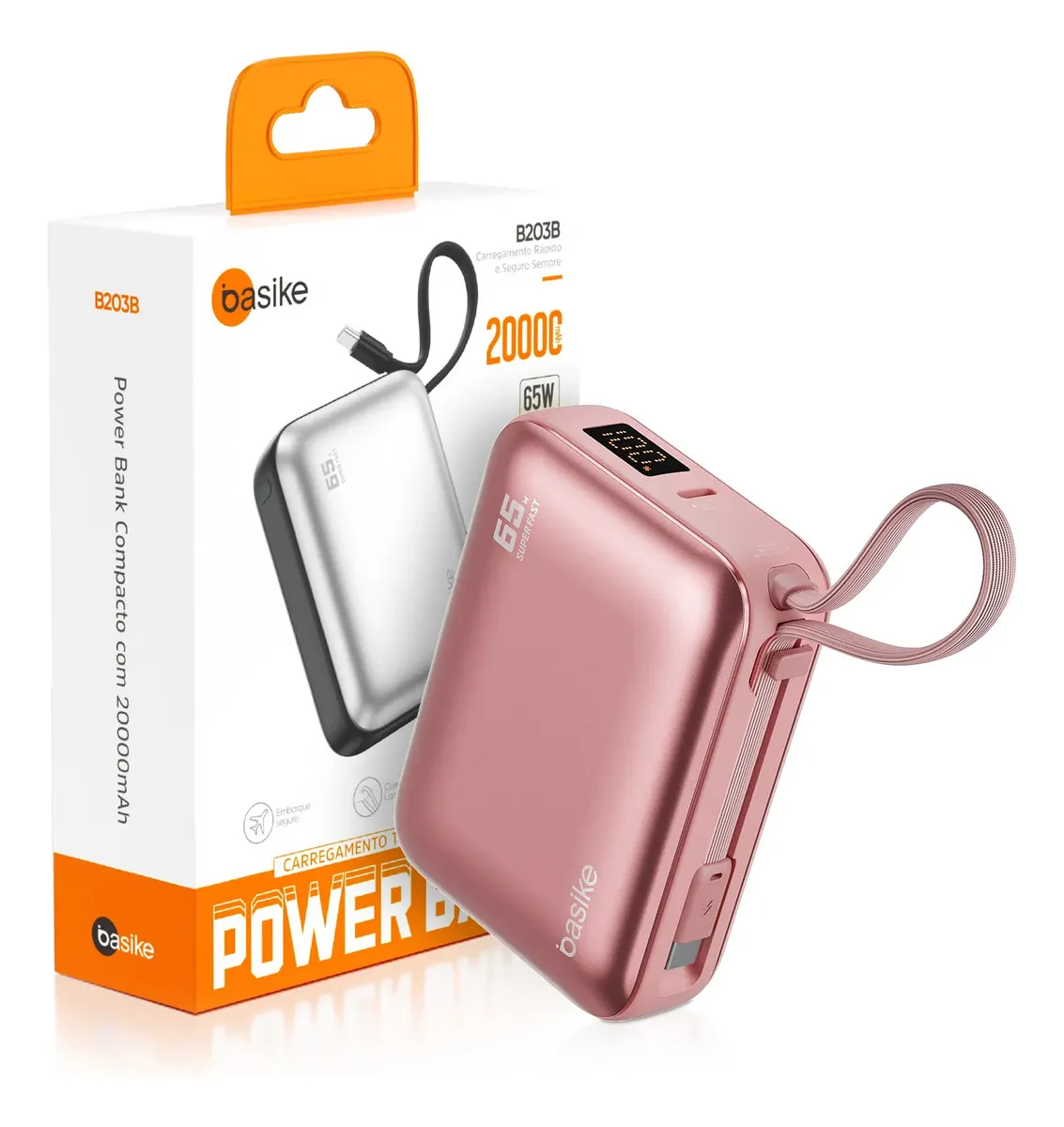 Power Bank Basike 20000mAh para Notebook e Celular com Cabo USB-C 65W Rosa