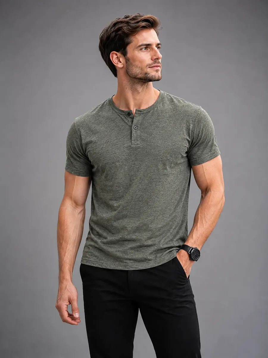 Camisa Masculina Henley Slim Algodão 30.1 Mescla Luxo Casual