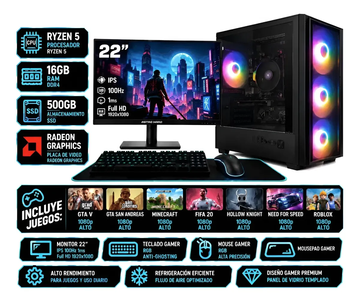 Pc Gamer Completa Ryzen 5 3400g 16gb Ssd 500 Monitor 22