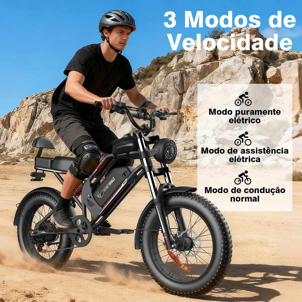 Ciclista em trilha com a bicicleta elétrica Honeywhale K6s, ilustrando os 3 modos de velocidade: puramente elétrico, assistência elétrica e condução normal, para diversas situações.