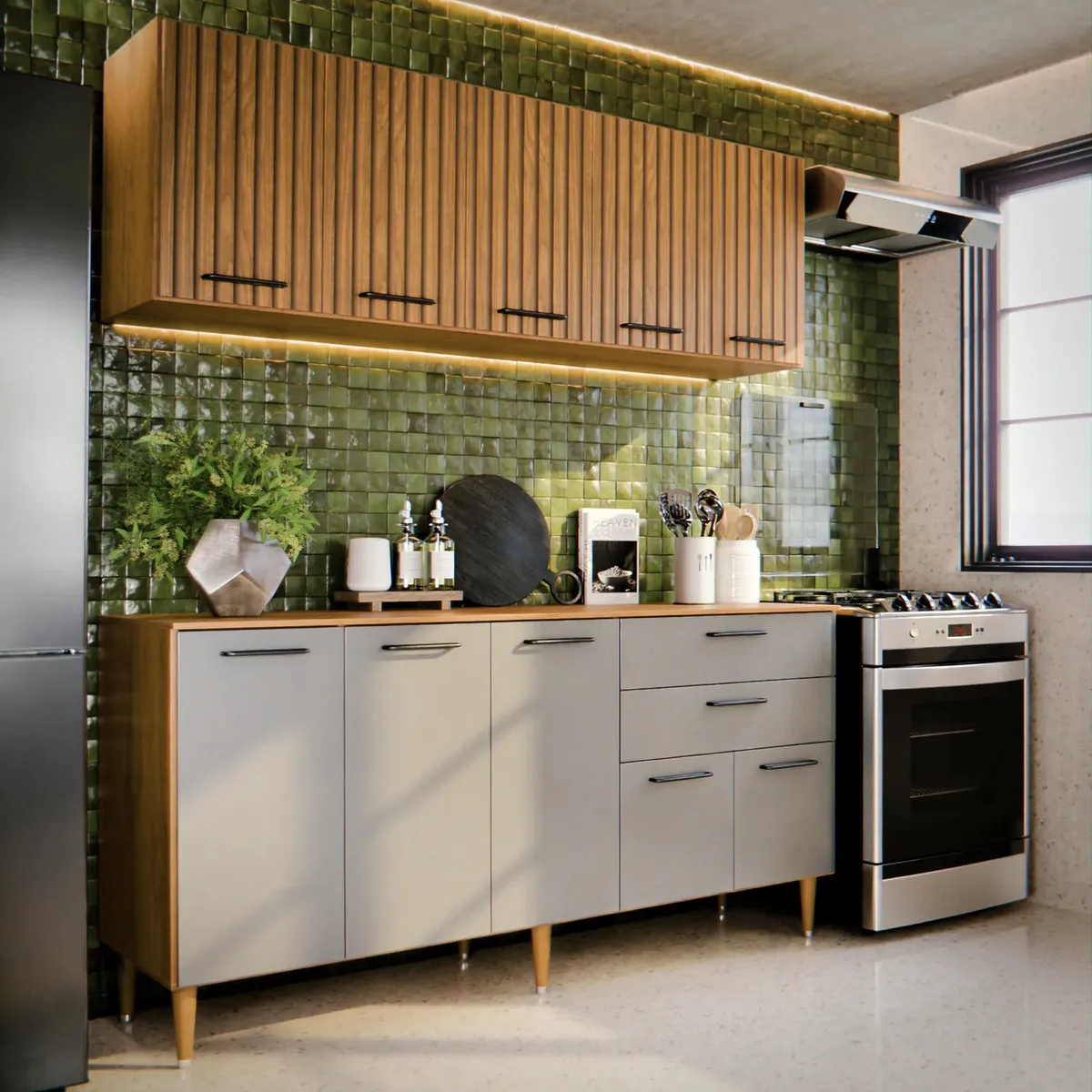 Armário de Cozinha Compacta Modulada Com Balcão e Aéreo, 140 cm, 10 Portas e 2 Gavetas, Ripado 3D Cinza Grafite