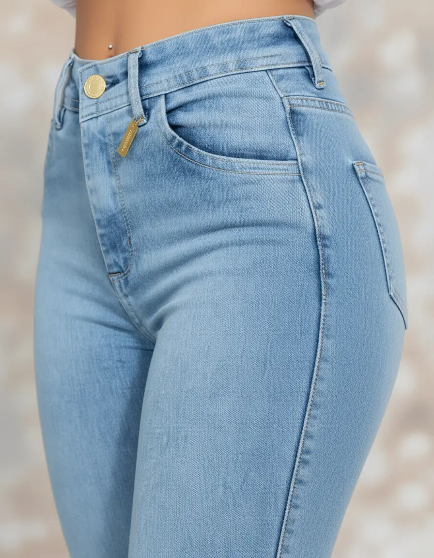 Close no detalhe do cós e bolso frontal da calça jeans com pingente dourado