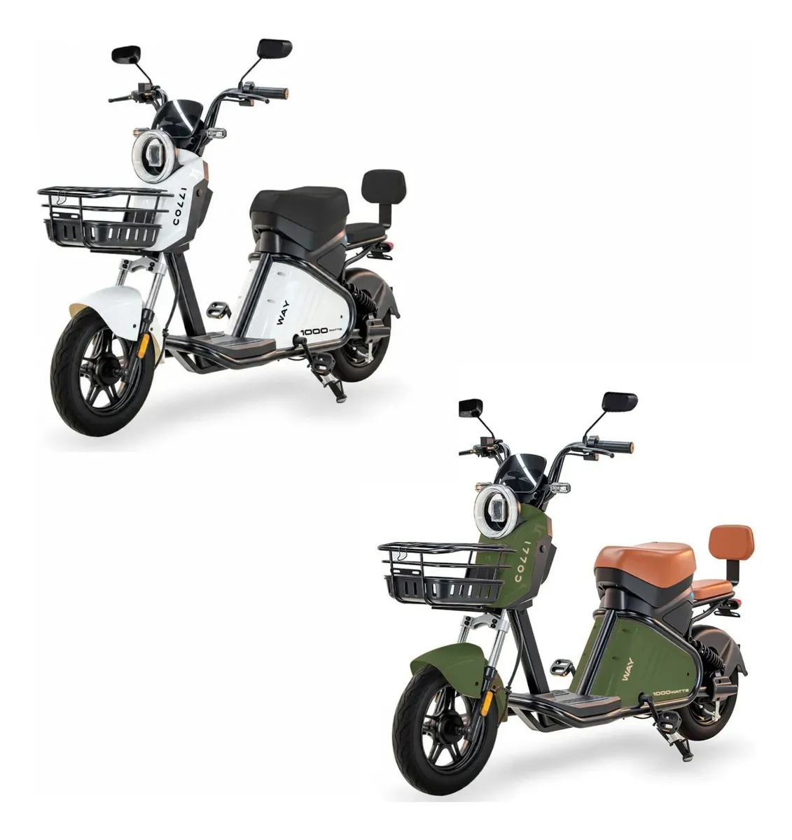 Scooter elétrica Mova Way 5.0 1000w 48v na cor verde oliva, vista lateral com assento e guidão