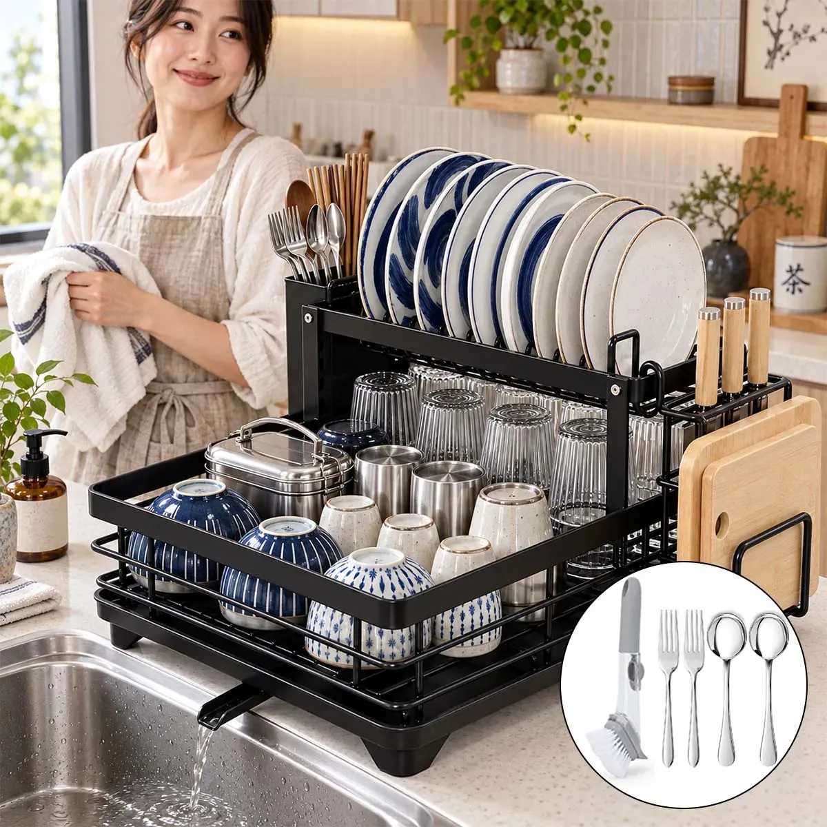 Escorredor De Louça Cozinha Aço Inox Talher Tigela Hikuca Preto