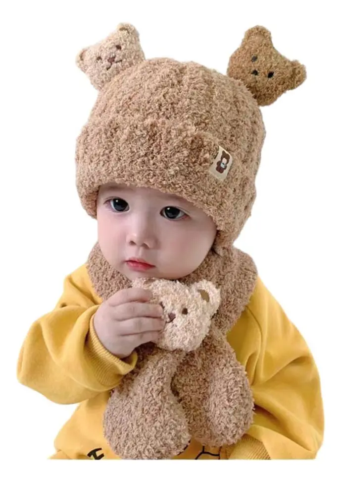 Touca Gorro com Cachecol Bebê (Ursinho 3D)