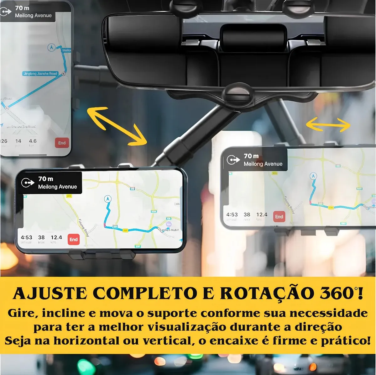 Suporte De Celular Retrovisor Para Carro Espelho Automotivo Interno 360º Anti Queda Retrátil Ajustável Para Gps Smartphone Encaixe Rápido E Fácil Apoio para Celular Casenn Preto - foto 3
