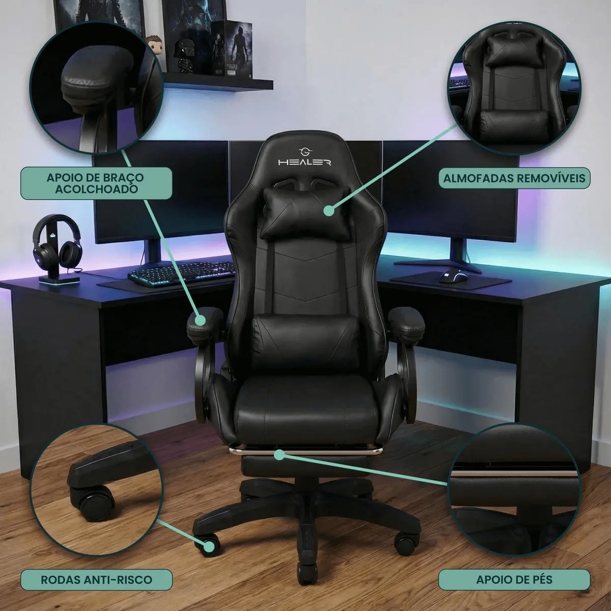 Cadeira Gamer Preto Healer Level Reclinável Com Apoio Pés Couro Sintético