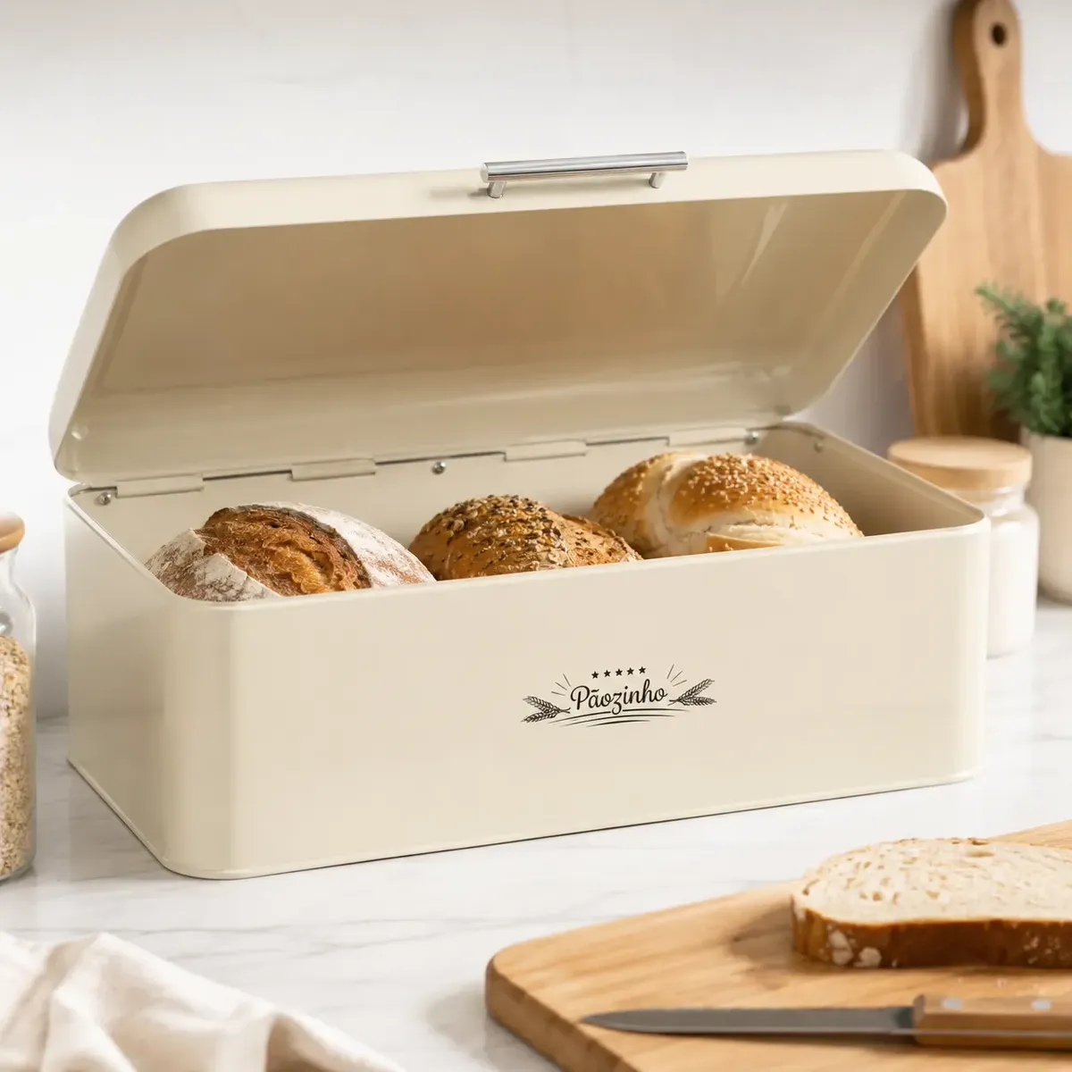 Cesto Porta Pães Retangular Grande Aço Inox Tampa Retrátil