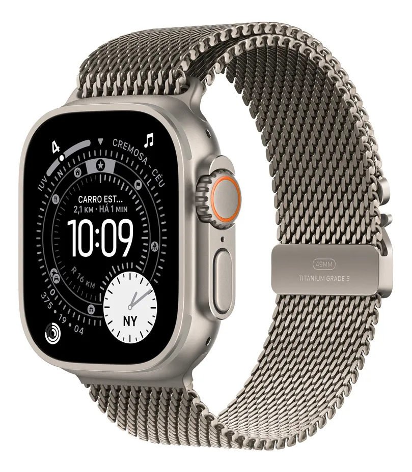 Apple Watch Ultra 3 GPS + Cellular • Caixa natural de titânio – 49 mm • Pulseira natural estilo milanês de titânio – G