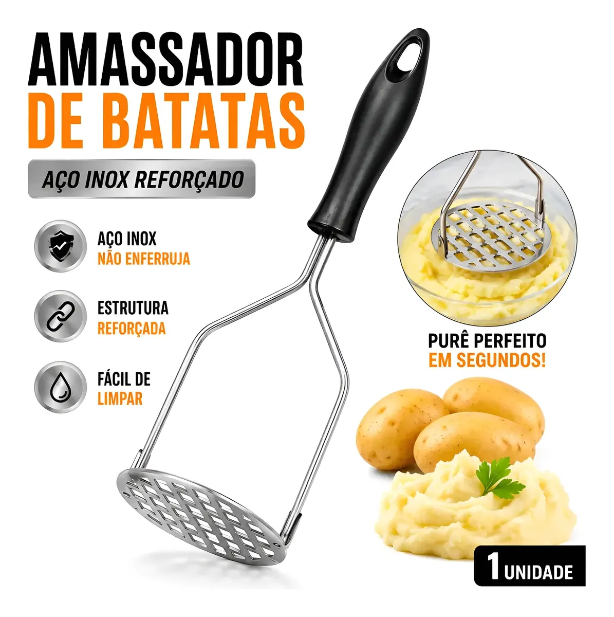 Amassador De Batatas Inox Legumes Feijão Tomate Espremedor