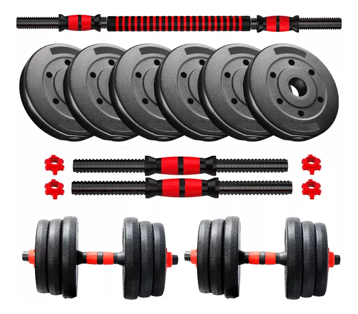 Kit Mancuernas Y Barra Con Tope A Rosca 25 Kg Discos Pvc
