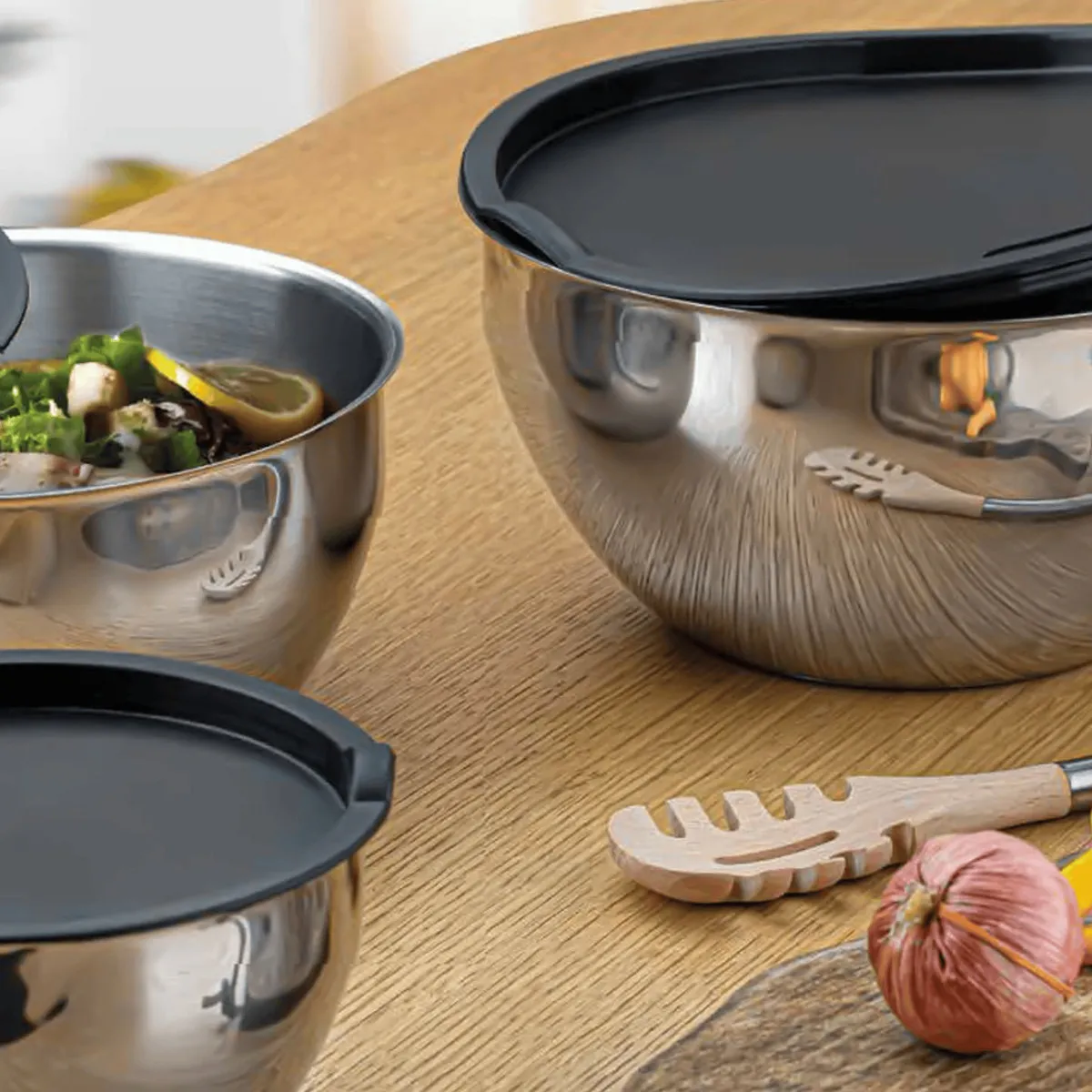 Conjunto 3 Bowls de Inox com Tampas Plásticas Tamanhos Variados