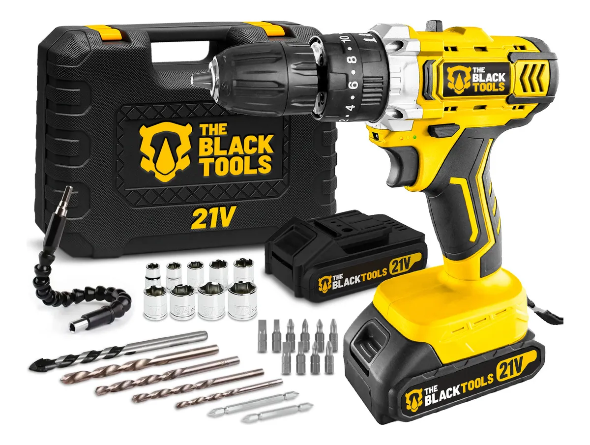 Furadeira E Parafusadeira De Impacto 2 Baterias 2000mah 21v 3/8 Tb-21pkx The Black Tools Com Maleta E Acessorios