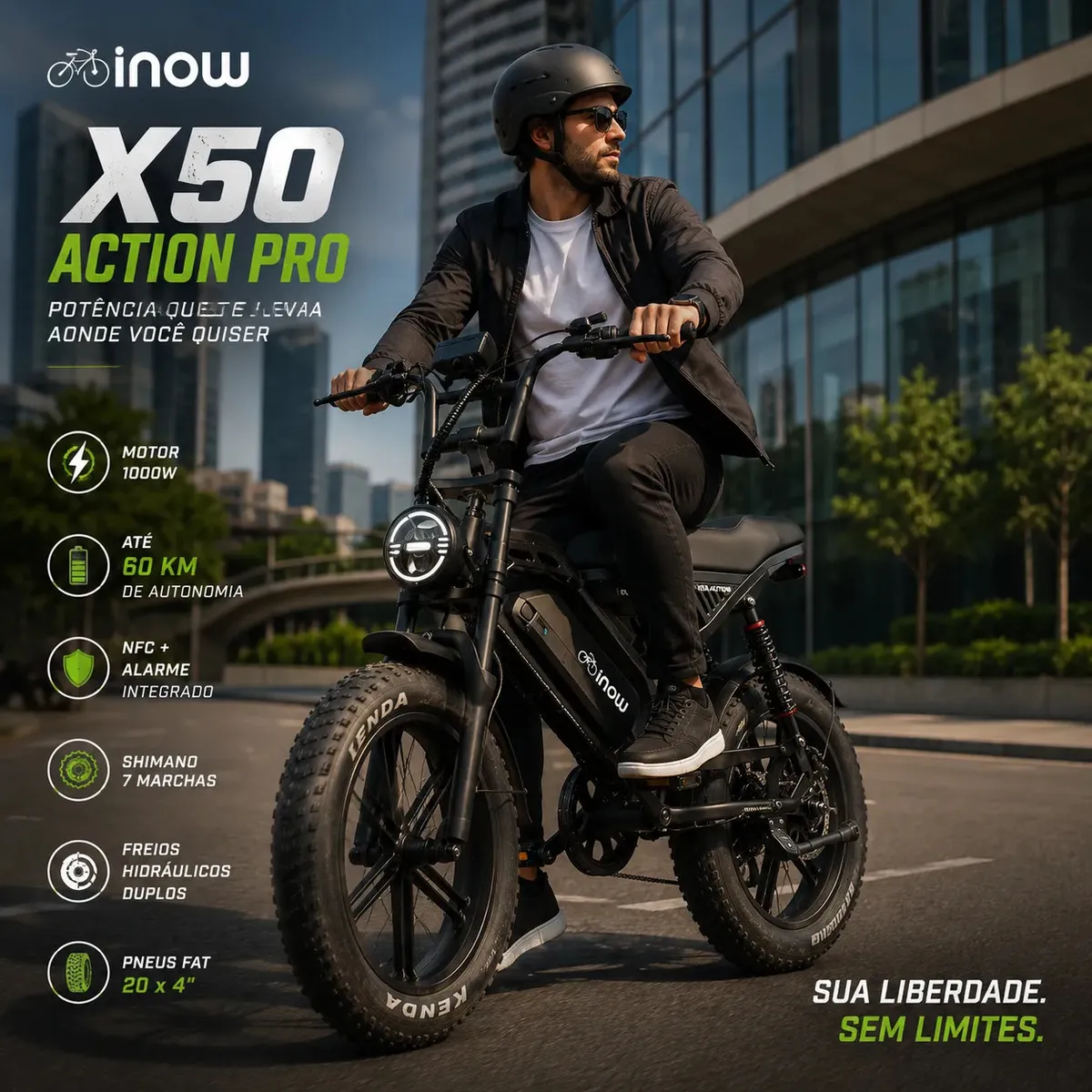 Homem pilotando a bicicleta elétrica Inow X50 Action Pro em ambiente urbano