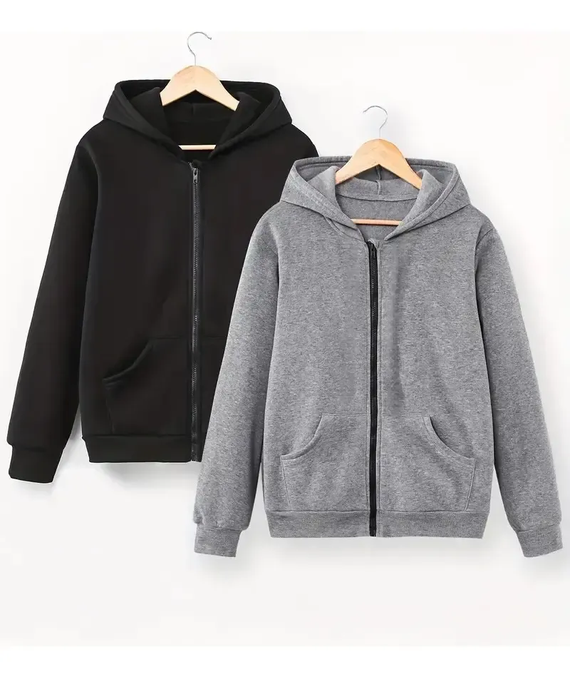 Kit 2 Moletons Com Capuz & Com Zíper, Casaco De Frio Inverno