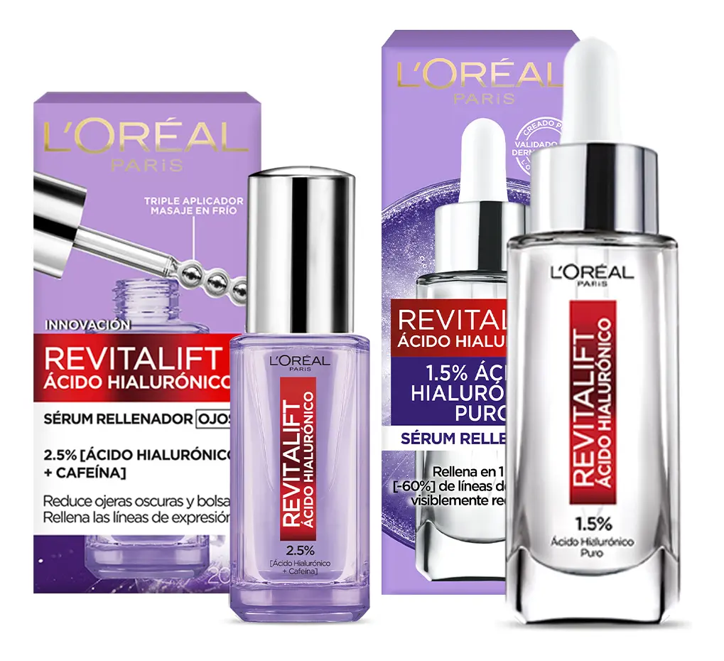Kit L'Oréal Paris Revitalift Ácido Hialurónico Sérum facial rellenador Sérum de ojos 2 piezas Hidrata intensamente y rellena líneas de expresión aprobado por dermatólogos tu rutina de skin care