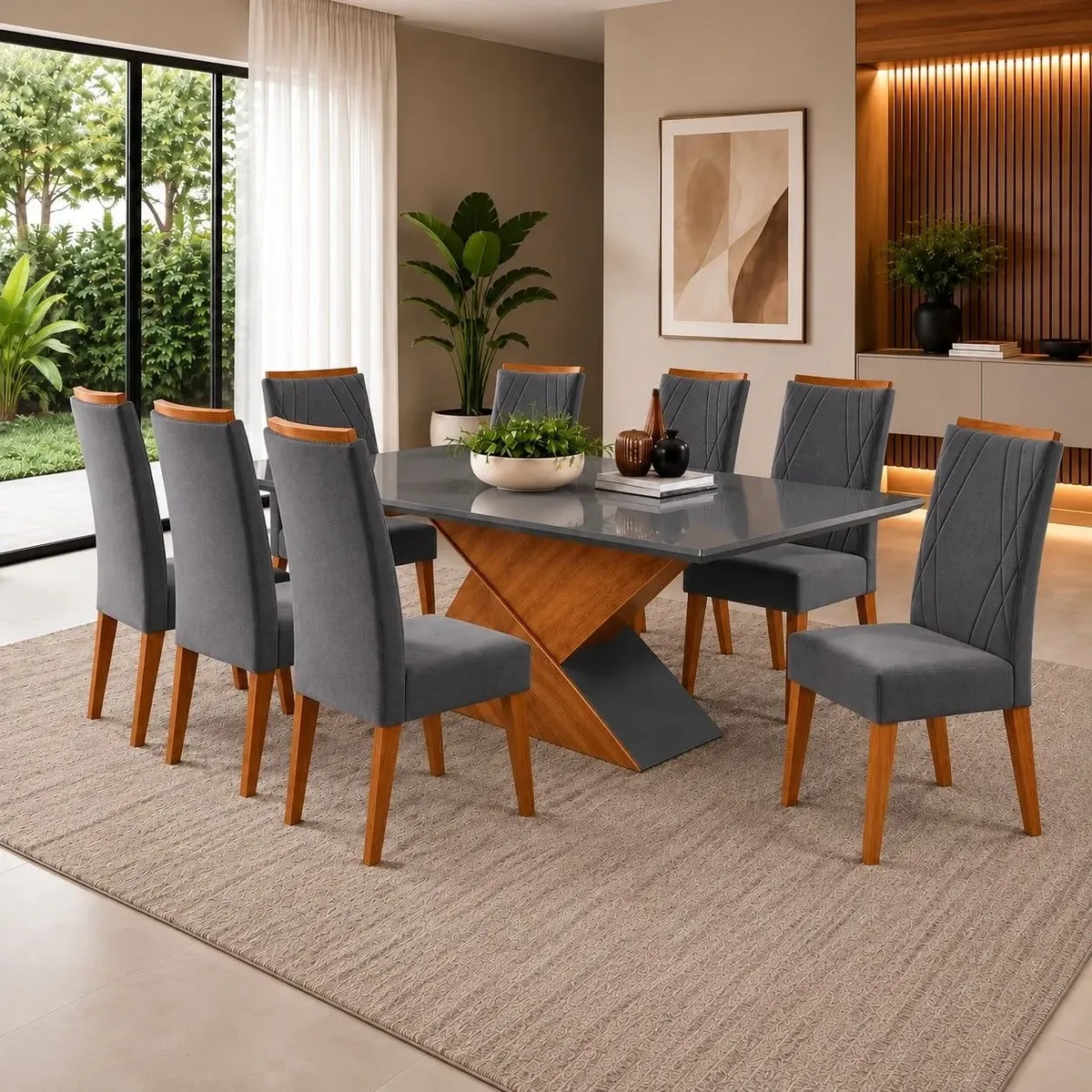 Mesa De Jantar Retangular Pipa Com 8 Cadeiras Madeira