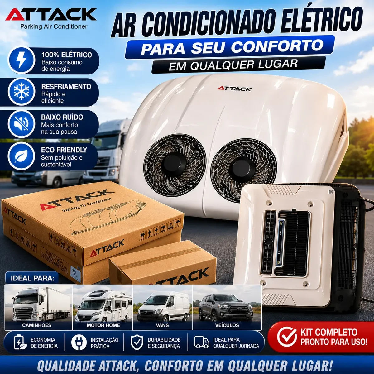 Kit Ar Condicionado Teto 100% Elétrico Universal 12v Ou 24v ar condicionado teto caminhao