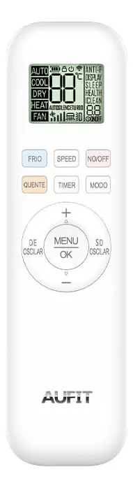Controle remoto branco do ar condicionado aufit com tela digital e botões.