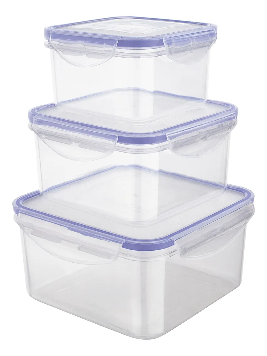 Conjunto Pote Hermético Quadrado Kit 3 Peças Azul Euro Home Azul