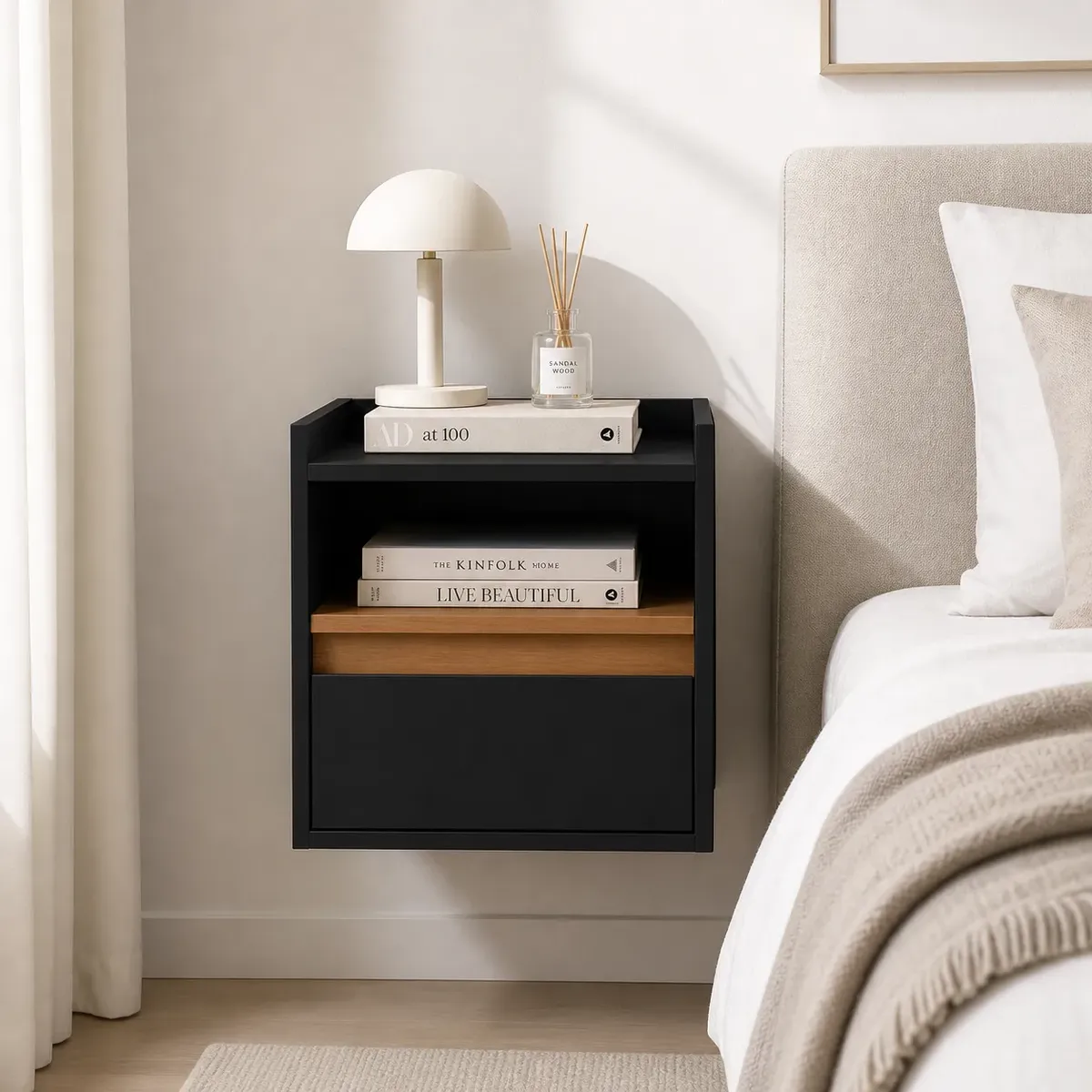 Mesa Cabeceira Aya Preta Gaveta E Nicho Design Minimalista