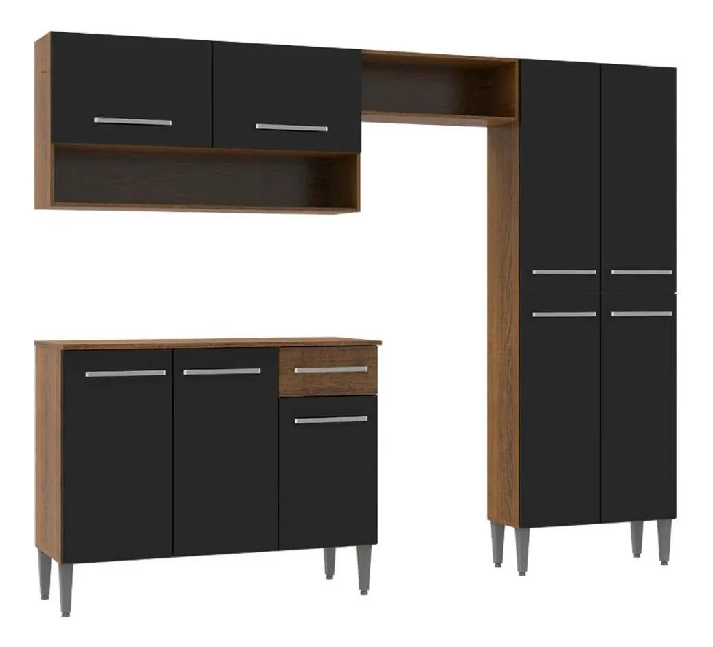 Armário de cozinha modulada completa compacta Emilly pop com armário e balcão cor rustic/preto - Imagem 2