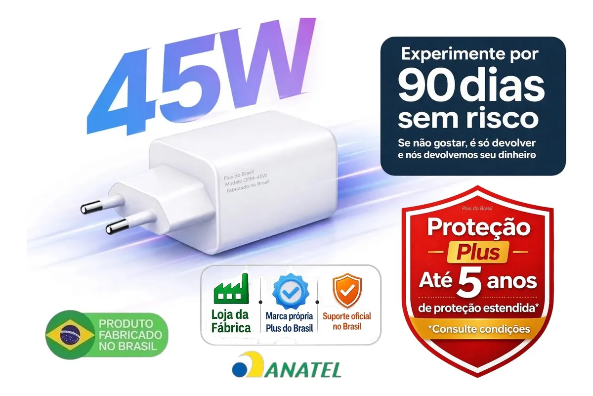 Plus Do Brasil Carregador Usb C Gan 45W Para Samsung Galaxy S26 S25 S24 Ultra Super Rápido 2.0 Notebook Chromebook Apple iPhone 17 16 15 Pro Max iPad Macbook Galaxy Book PD PPS BR