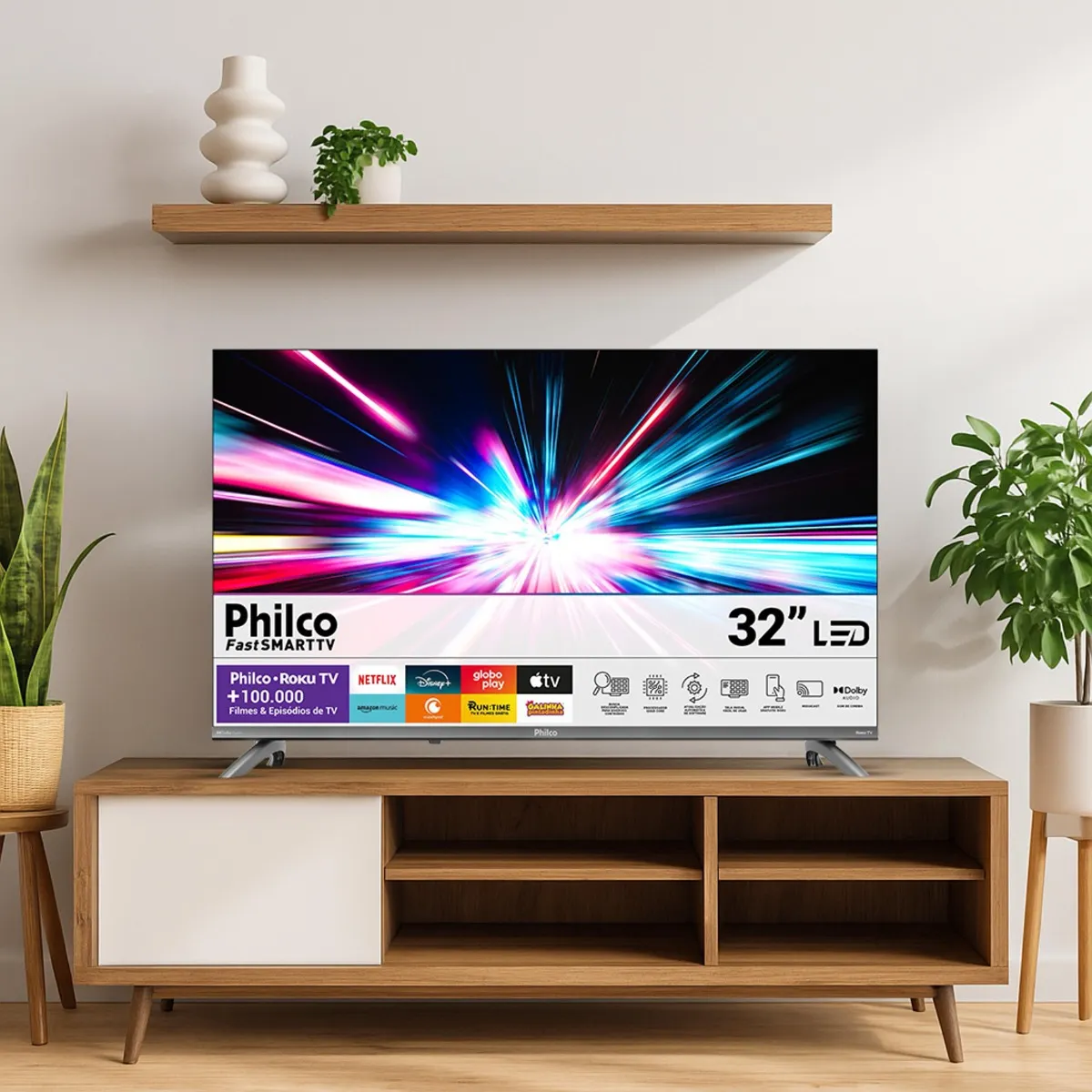 Smart TV Philco 32 polegadas em um rack de madeira em um ambiente clean