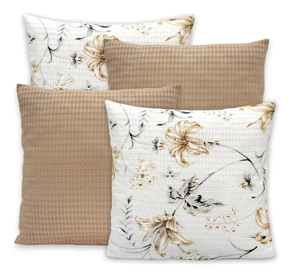 Kit 4 Capas De Almofadas Lisas Estampadas 40x40 Zíper Piquet Cor Lírio - Cáqui Liso / Estampado
