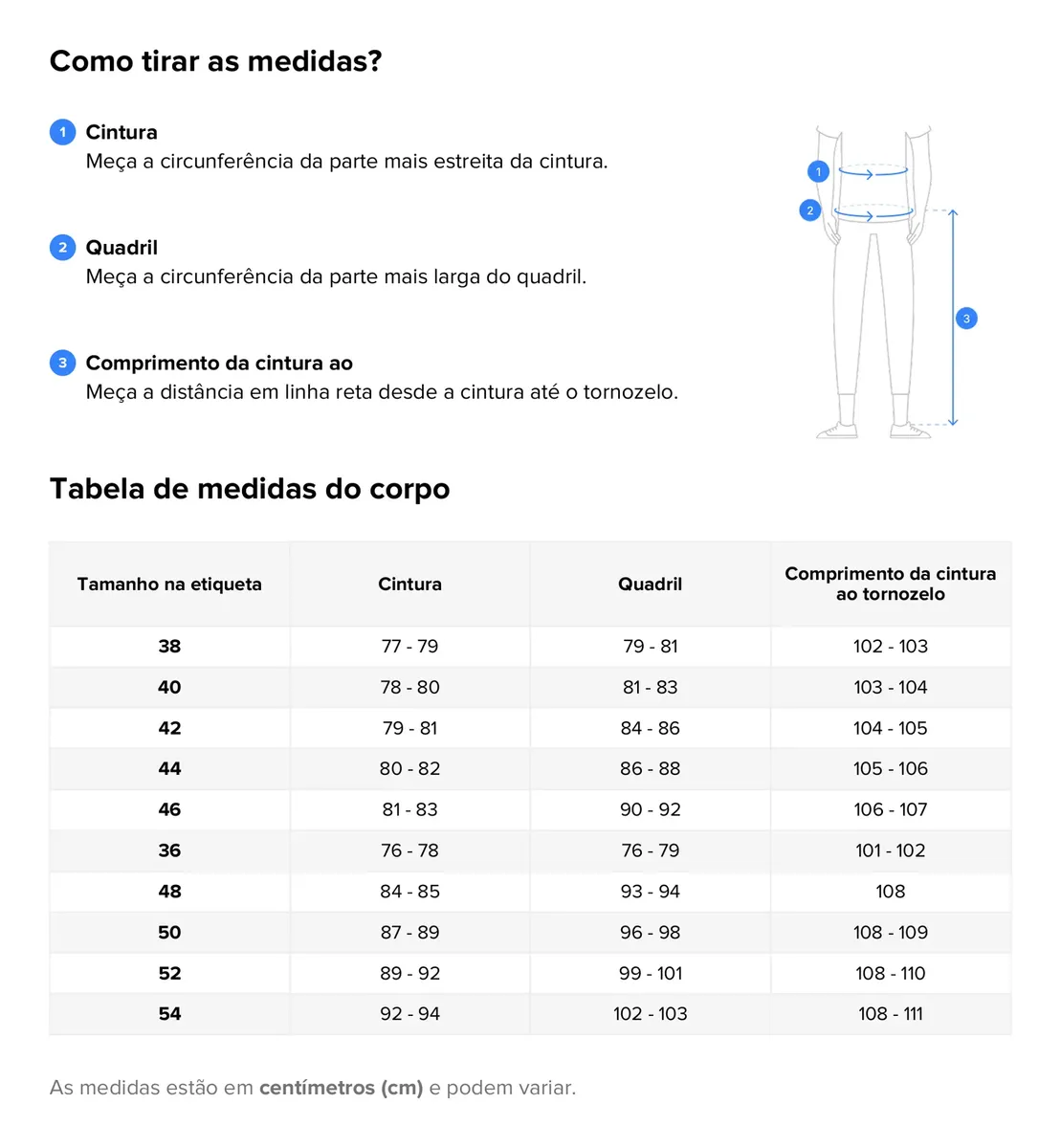 Tabela de medidas para calças jeans masculinas com indicações de cintura, quadril e comprimento.