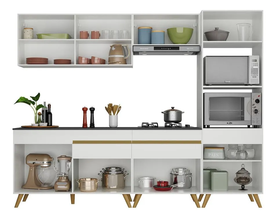 Armário de Cozinha Completa Modulada Retrô 5 peças Balcão com Tampo e Torre Quente para Forno e Micro-ondas Veneza GW Multimóveis Branca - Imagem 4