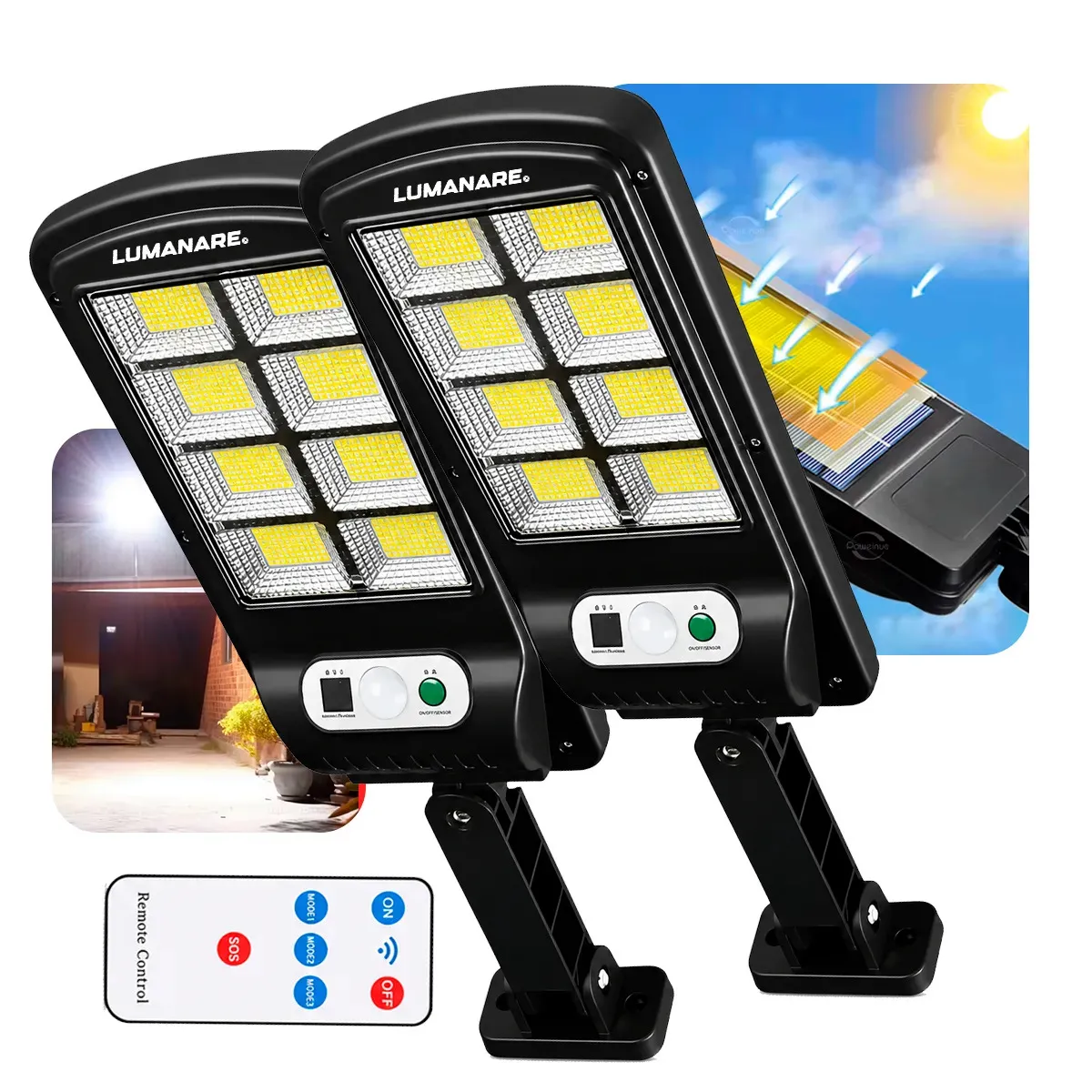 Kit Com 2 Luminária Solar Led 160 Leds Cob Sensor De Movimento Presença Para Parede E Jardim Ip66 Prova D'água Potente S