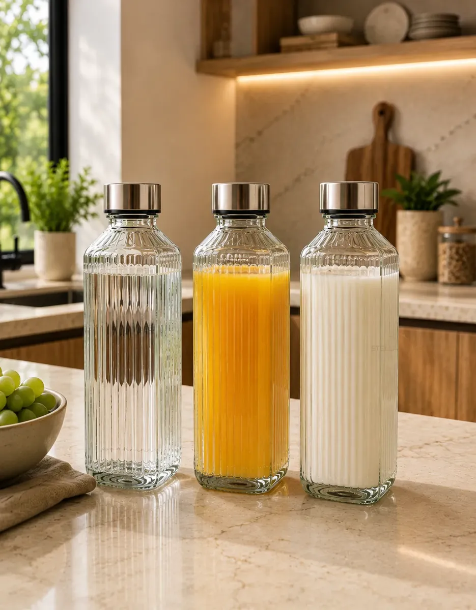 Kit 3 Garrafas Vidro 1l Canelado Tampa Inox Geladeira Água