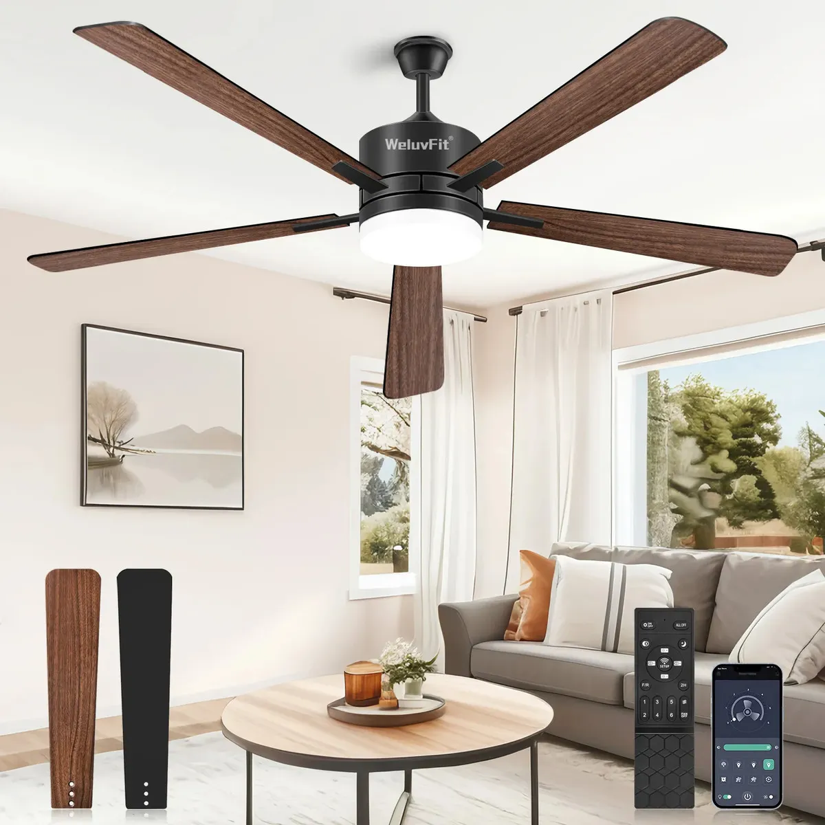Weluvfit Ventiladores De Techo De 52 Pulgadas Con Luz Y Control Remoto,ventilador De Perfil Bajo Con 5 Aspas De Doble Acabado, Motor Dc Silencioso Y Reversible, 3cct Y 6 Velocidades, Interior/exterior