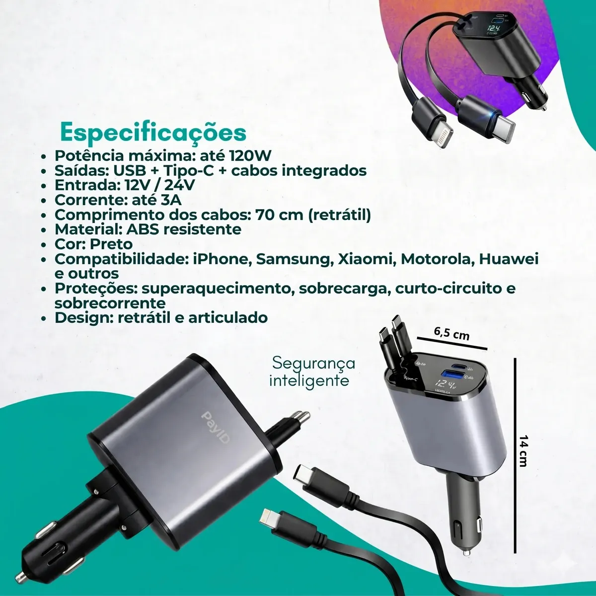 Carregador Veicular Automotivo Payid Com 2 Cabos Retrátil Para Carros Caminhão Carga Rápida 120w Tipo-c E Ios 2 Entradas Usb Super Fast Charge Turbo 4 Em 1 Original Compatível Com iPhone Samsung - foto 3