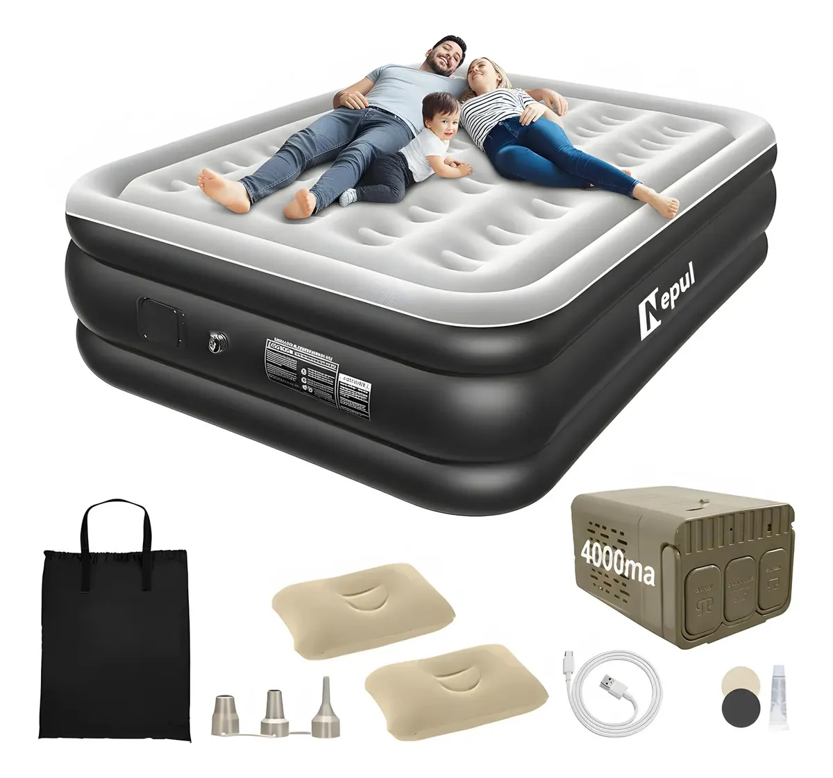 Colchão Inflável Queen Nepul Duplo Com 2 Travesseiro Inflável NE-999 cor Cinza