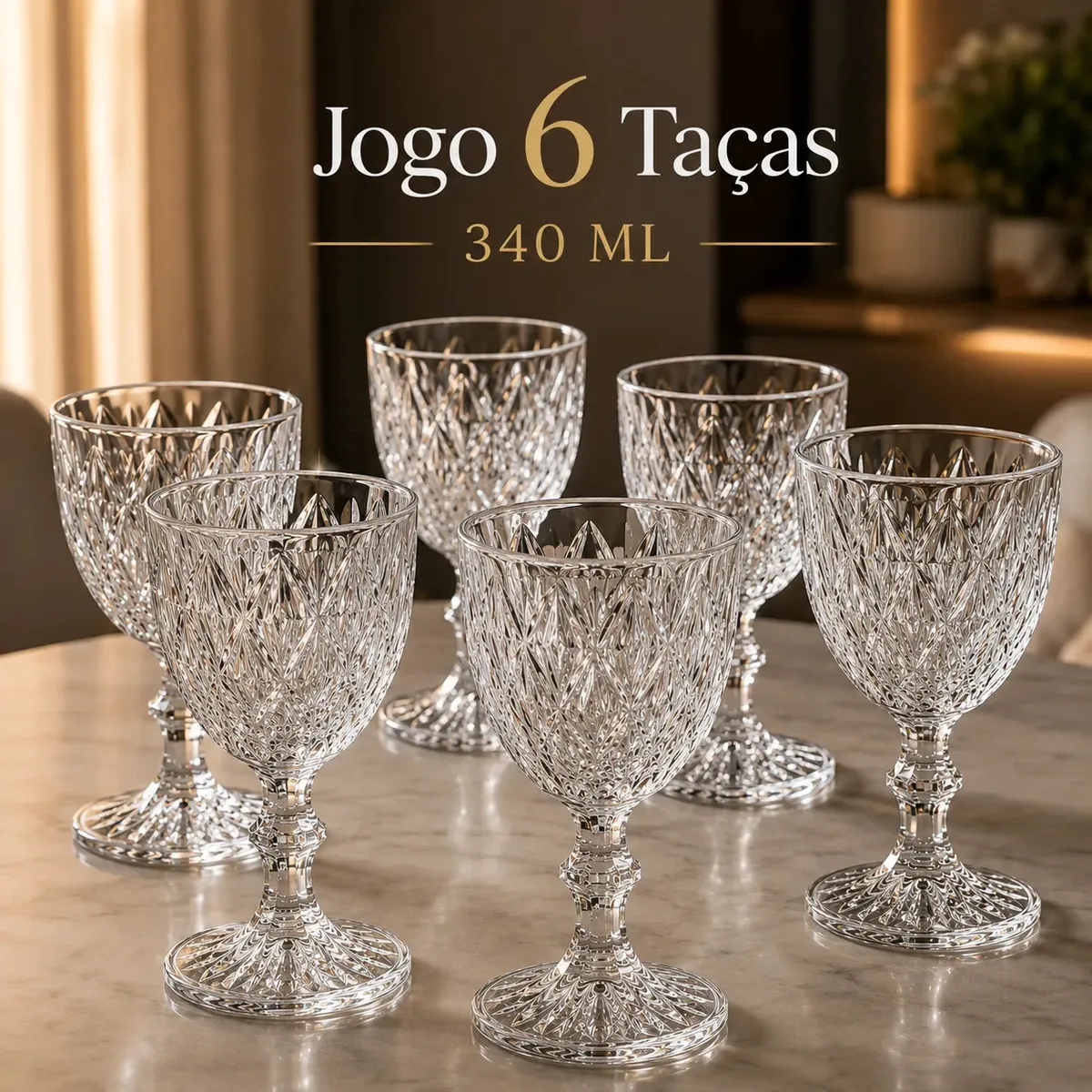 Jogo 6 Taças De Vidro Diamond Cristal 340 ML Luxo Elegante Agua Suco Vinho Champanhe Restaurante Bar Adega