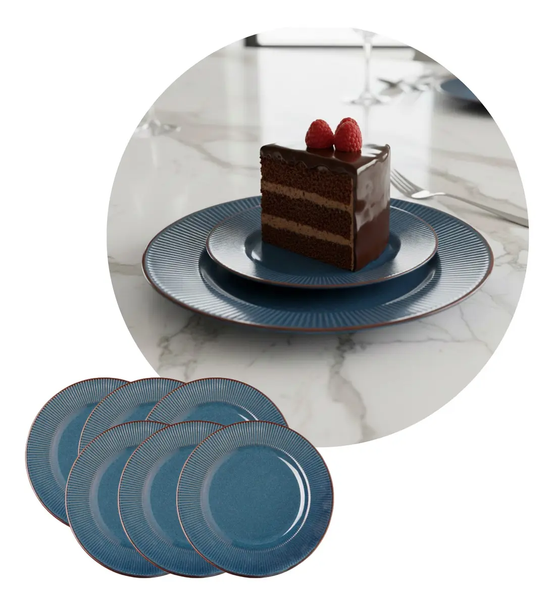 Jogo 6 Pratos De Cerâmica Linear Linha Premium Lyor Azul Sobremesa 20 Cm