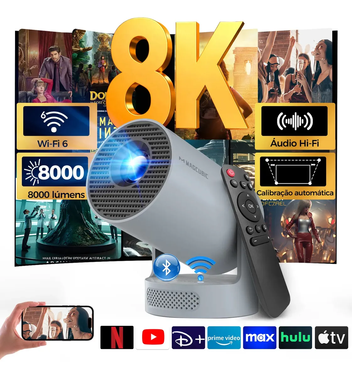 Projetor Magcubic Mini 8k Full Hd Hy300pro+ Portátil Android 14 Smart Wifi6 Bluetooth 5.4 Led 260ansi Cinema Home Com... Cinza 127/220v