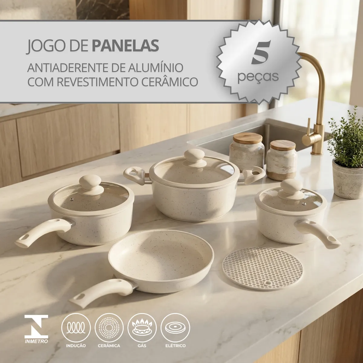 Jogo Panela Ceramica Antiaderente 5pç Tampa Silicone Induçao