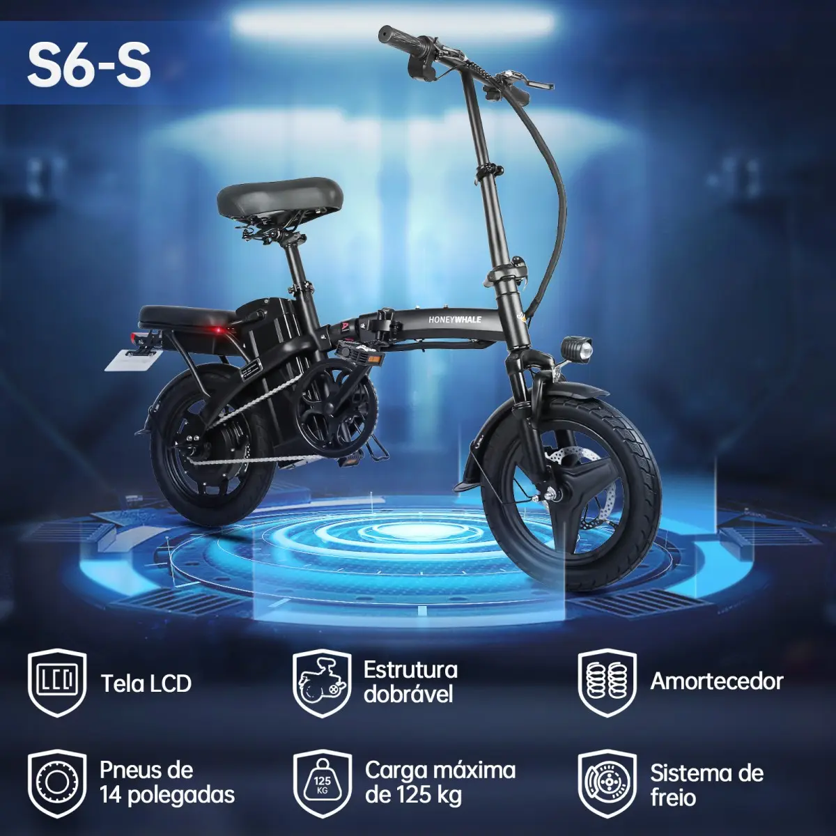Bicicleta elétrica dobrável S6-S exibindo painel LCD e características técnicas principais